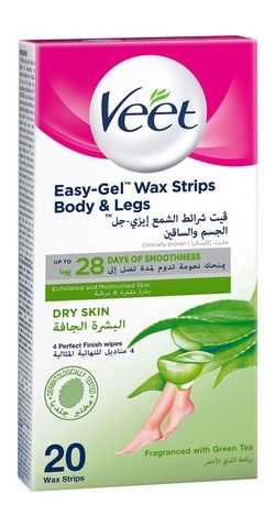 Veet Easy Gel Legs & Body Wax Strips Green Tea Scent with Finish Wipes for Dry Skin 20 per pack