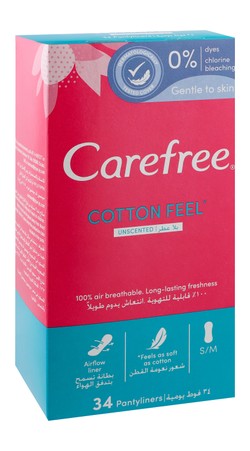 Carefree Small to Medium Unscented Cotton Pantyliners - dyes free  chlorine bleaching free 34 per pack