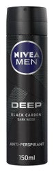 Nivea Men Deep Black Carbon Antibacterial Antiperspirant Deodorant Spray Dark Wood Scent 150 ml