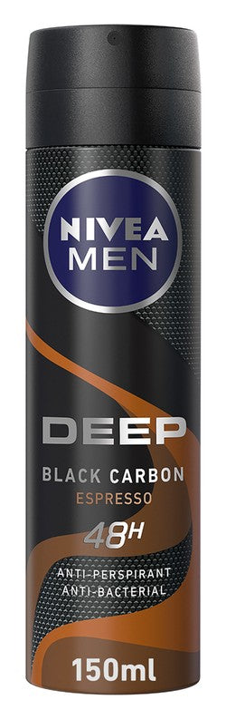 Nivea Men Deep Black Carbon 48H Antibacterial & Antitranspirant Deodorant Spray Espresso Scent 150 ml