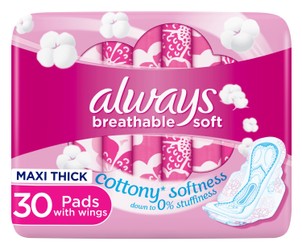 Always Breathable Soft Large Maxi Thick Pads with Wings 30 per pack