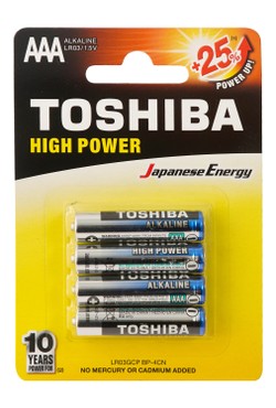 Toshiba High Power 1.5V Alkaline AAA Batteries - no added mercury  no added cadmium 4 per pack