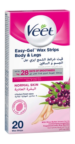 Veet Easy Gel Legs & Body Wax Strips Shea Butter & Acai Berries Scent for Normal Skin with Finish Wipes 20 per pack