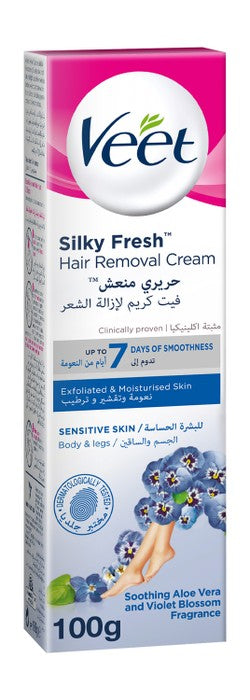 Veet Silky Fresh Hair Removal Cream Violet Blossom Scent with Aloe Vera for Sensitive Skin 100 gr