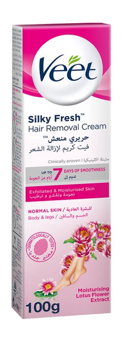 Veet Silky Fresh Exfoliating & Moisturizing Legs & Body Hair Removal Cream with Lotus Flower Extract for Normal Skin 100 gr