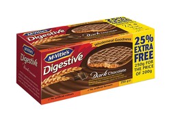 McVitie s Digestive Dark Chocolate Wholemeal Biscuits (25% Extra Free) - artificial colors free   250 gr