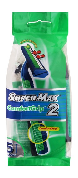 Super-Max Comfort Grip Blue & Green Twin Blade Disposable Razors with Aloe & Vitamin E 5 per pack