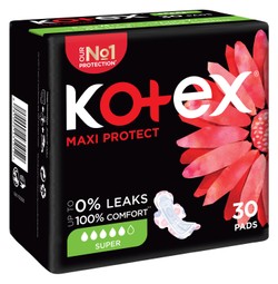 Kotex Maxi Protect Super Pads for Heavy Flow with Wings 30 per pack