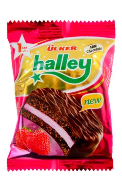 Ulker Halley Milk Chocolate Coated Sandwich Biscuits Filled with Marshmallow & Strawberry Cream 26 gr