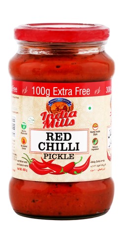 India Mills Red Chili Pickle (300+100g) - no added colors  vegetarian 400 gr