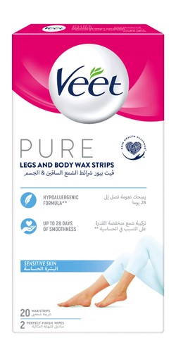 Veet Pure Hypoallergenic Legs & Body Wax Strips for Sensitive Skin with Finish Wipes 20 per pack