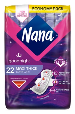 Nana Goodnight Extra Long Maxi Thick Pads with Wings for Super Heavy Flow 22 per pack